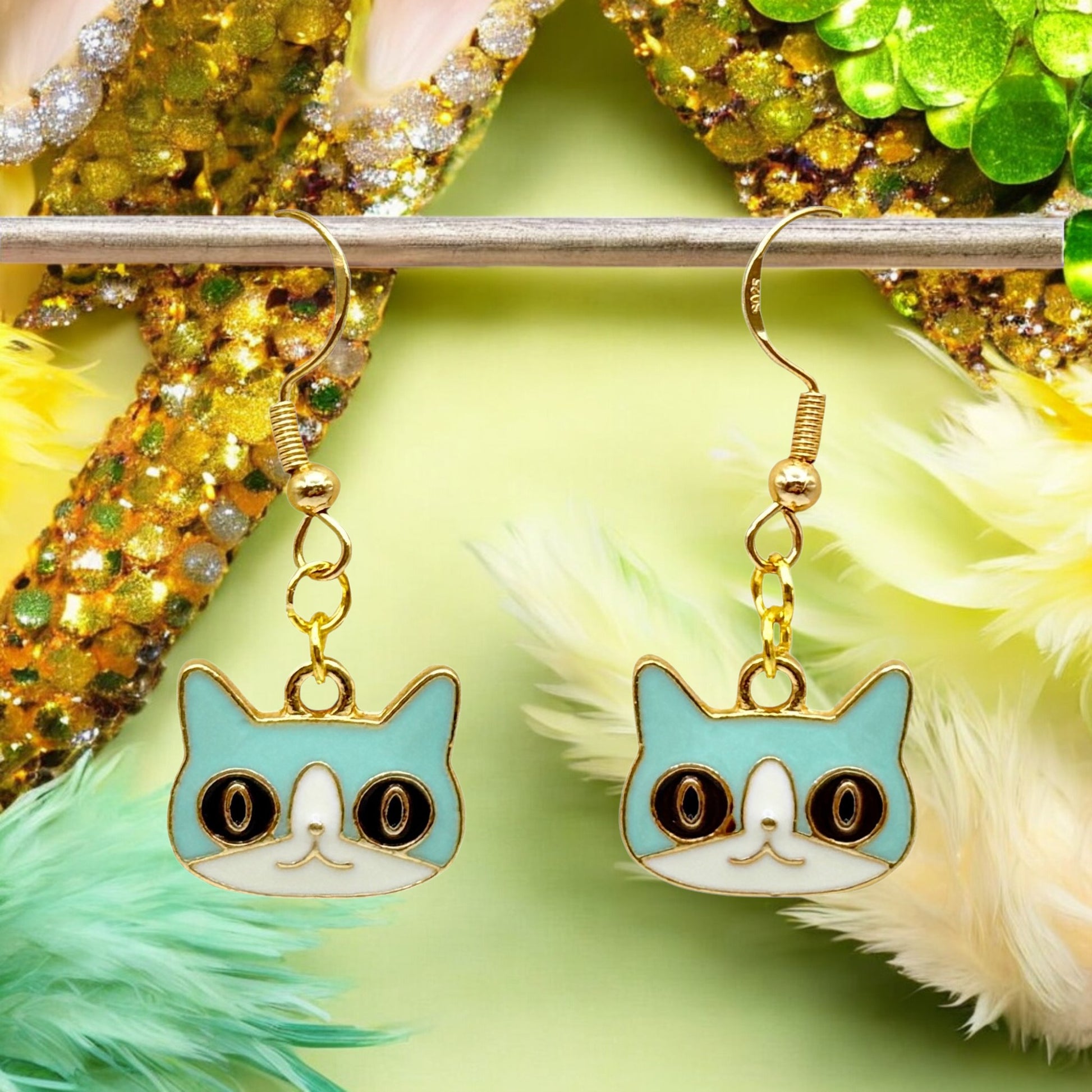 Made With Love Charmed Collection Medium Blue Face Cat Hook Earrings