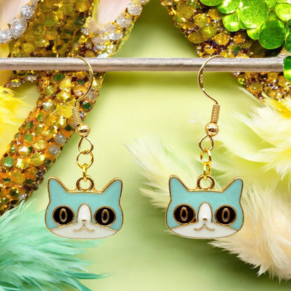Made With Love Charmed Collection Medium Blue Face Cat Hook Earrings