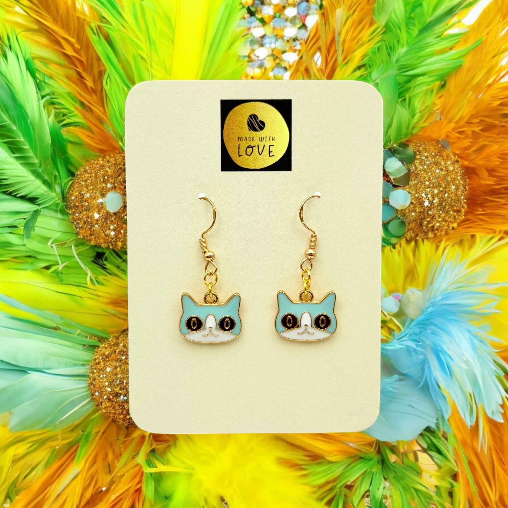 Made With Love Charmed Collection Medium Blue Face Cat Hook Earrings